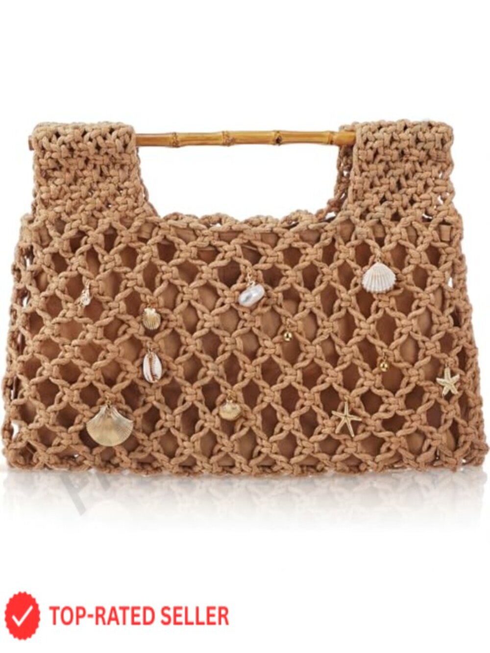 Crochet Woven Mesh Bamboo Handle Handbag